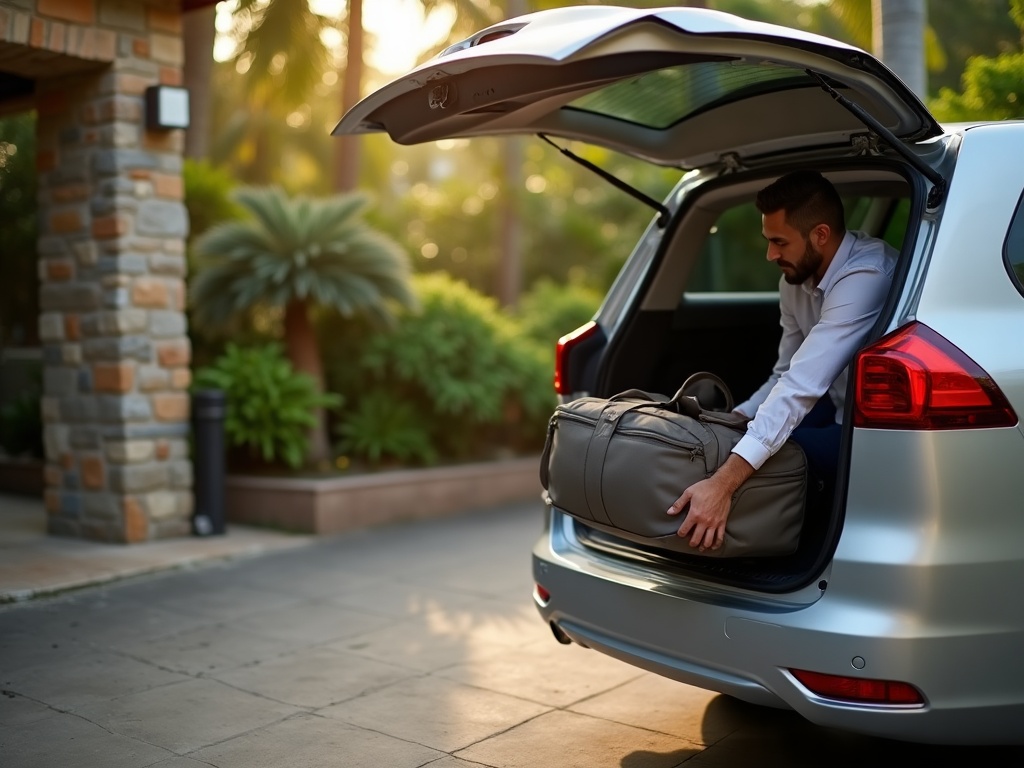 Driver loading luggage into a chauffeured car at a Labuan Bajo hotel