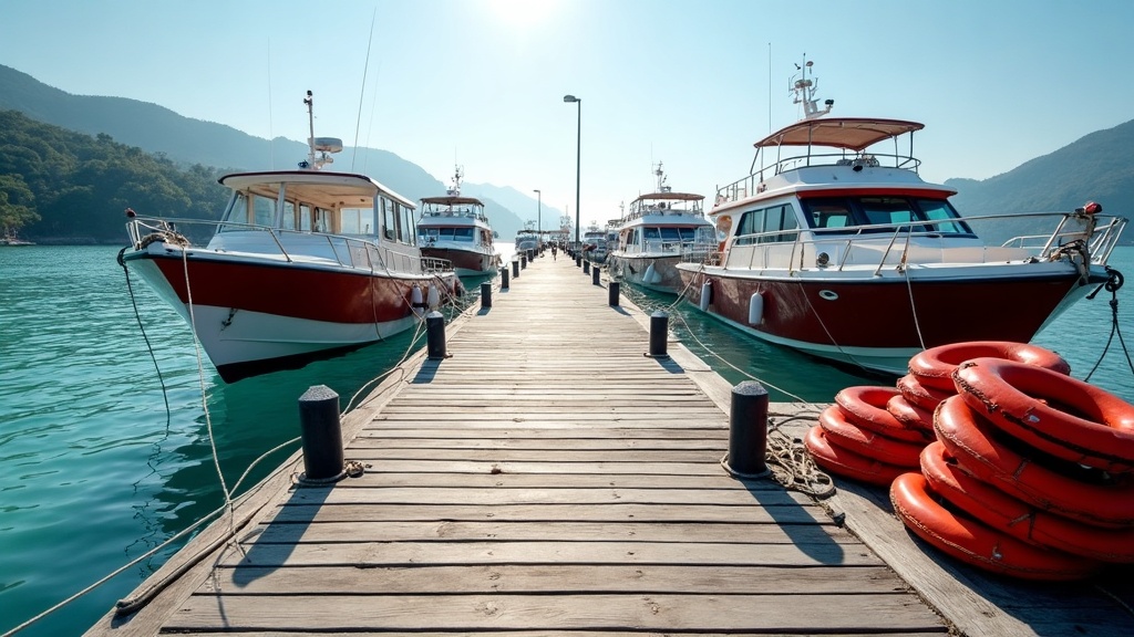 Speedboats and a phinisi moored at the Labuan Bajo marina jetty in the morning