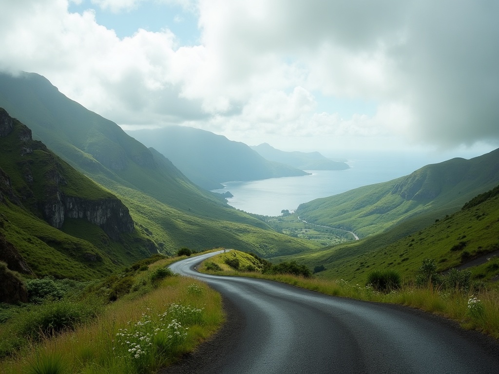 Winding mountain road through green Flores hills with sea and islands in the distance