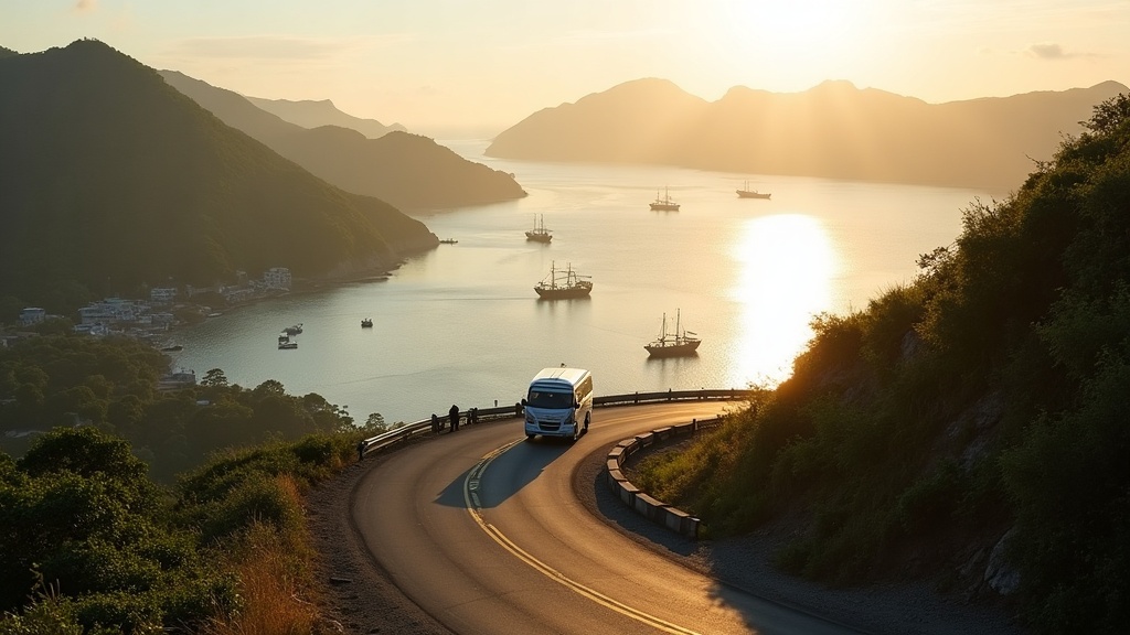 Dawn road curving down to Labuan Bajo harbor with phinisi boats at anchor